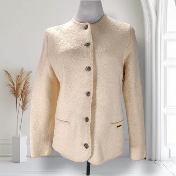 Geiger Austria Ivory Boiled Wool Blazer 42 Collarless Vintage Jacket Metal Btns - Picture 1 of 16